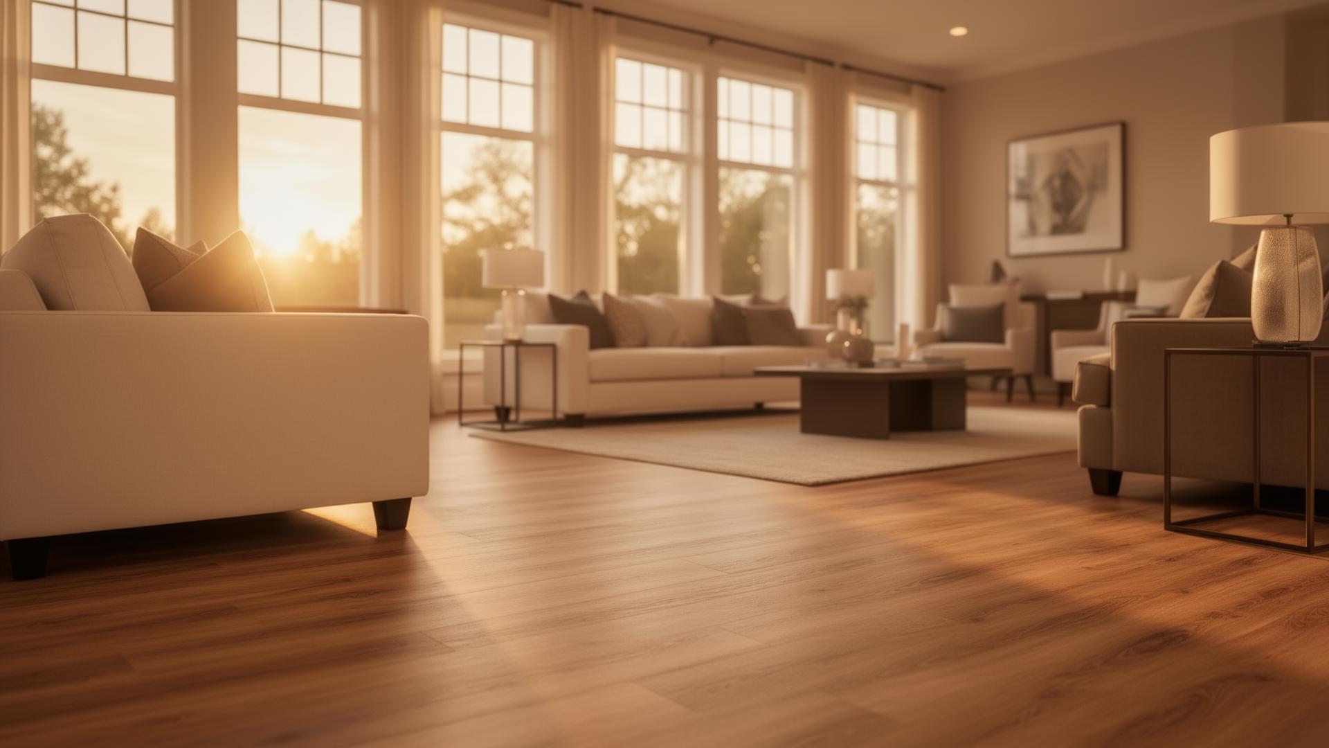 Warm modern living room with luxury vinyl plank flooring at golden hour