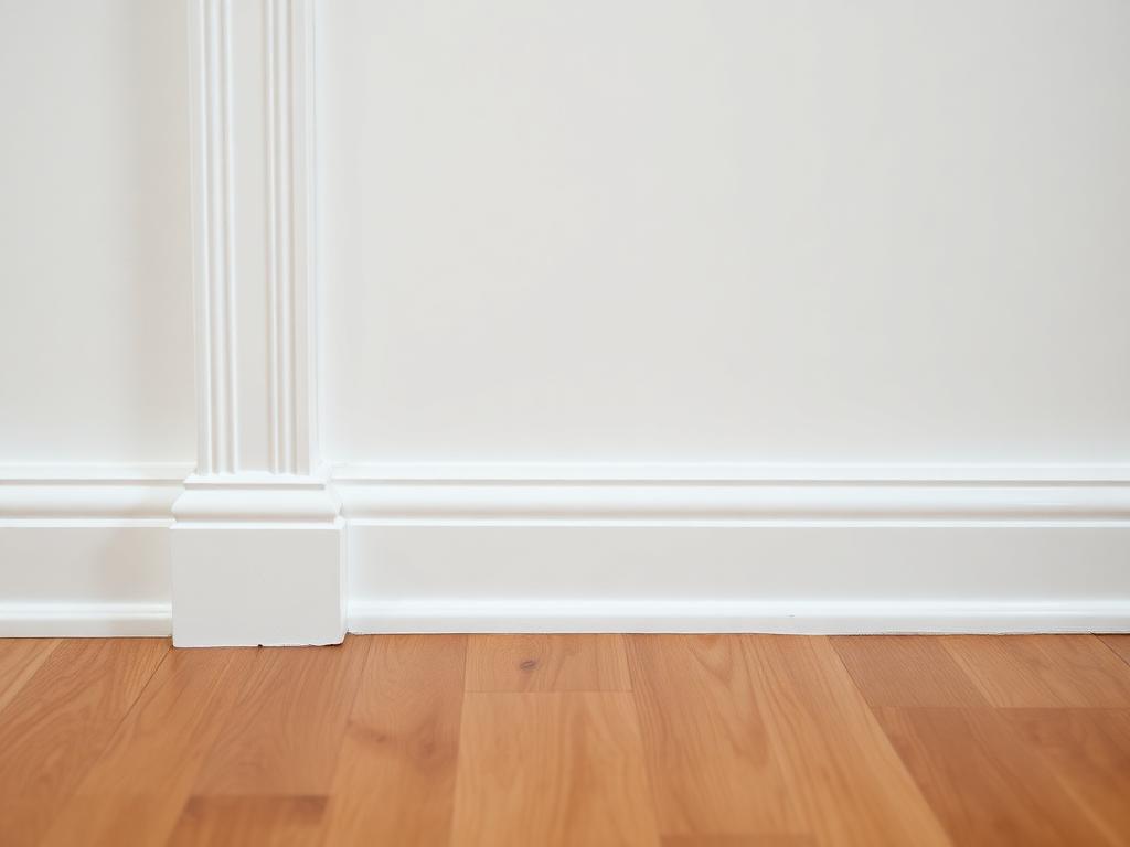 Freshly installed white baseboard trim along a hardwood floor
